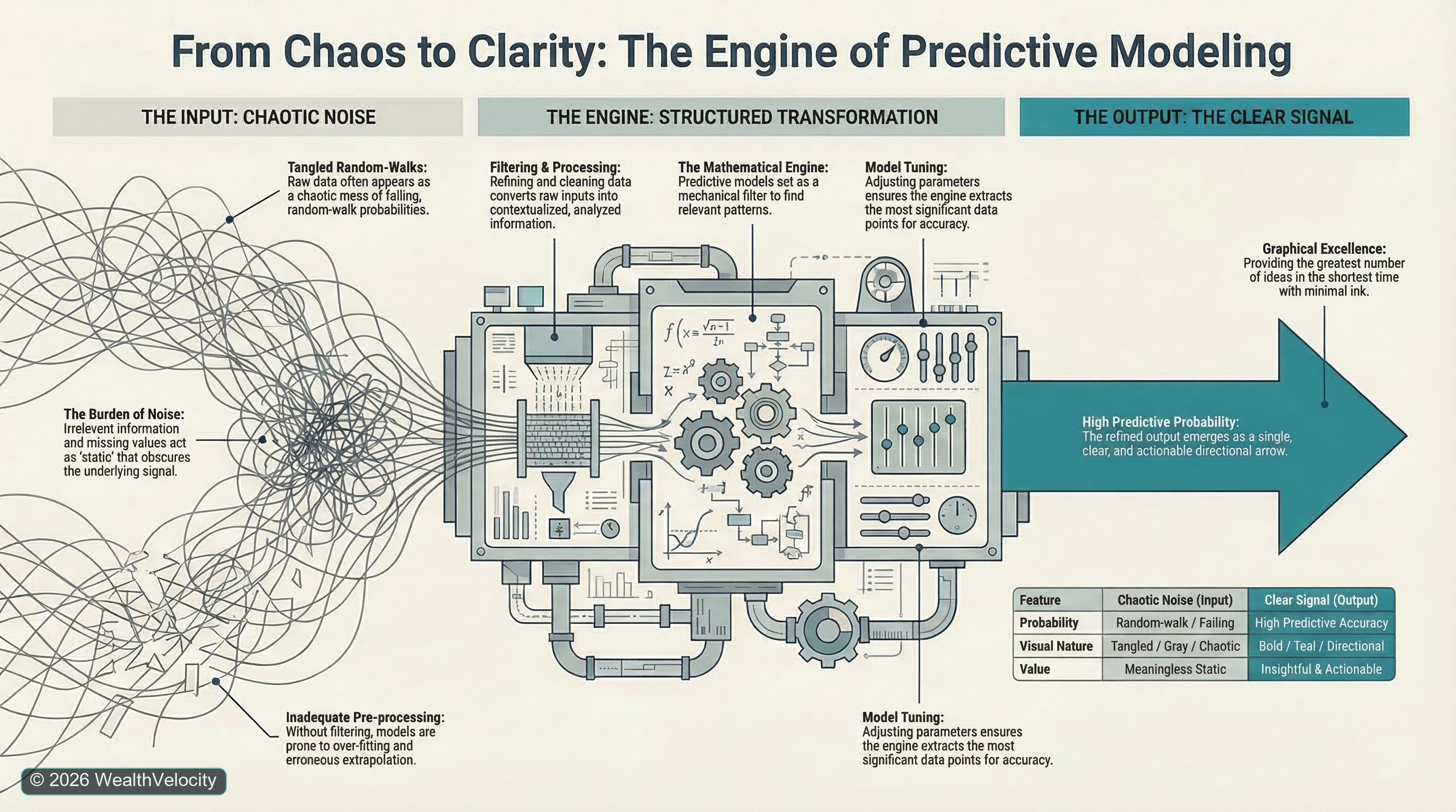 Infographic showing chaotic market noise being transformed by predictive modeling into a clearer signal.