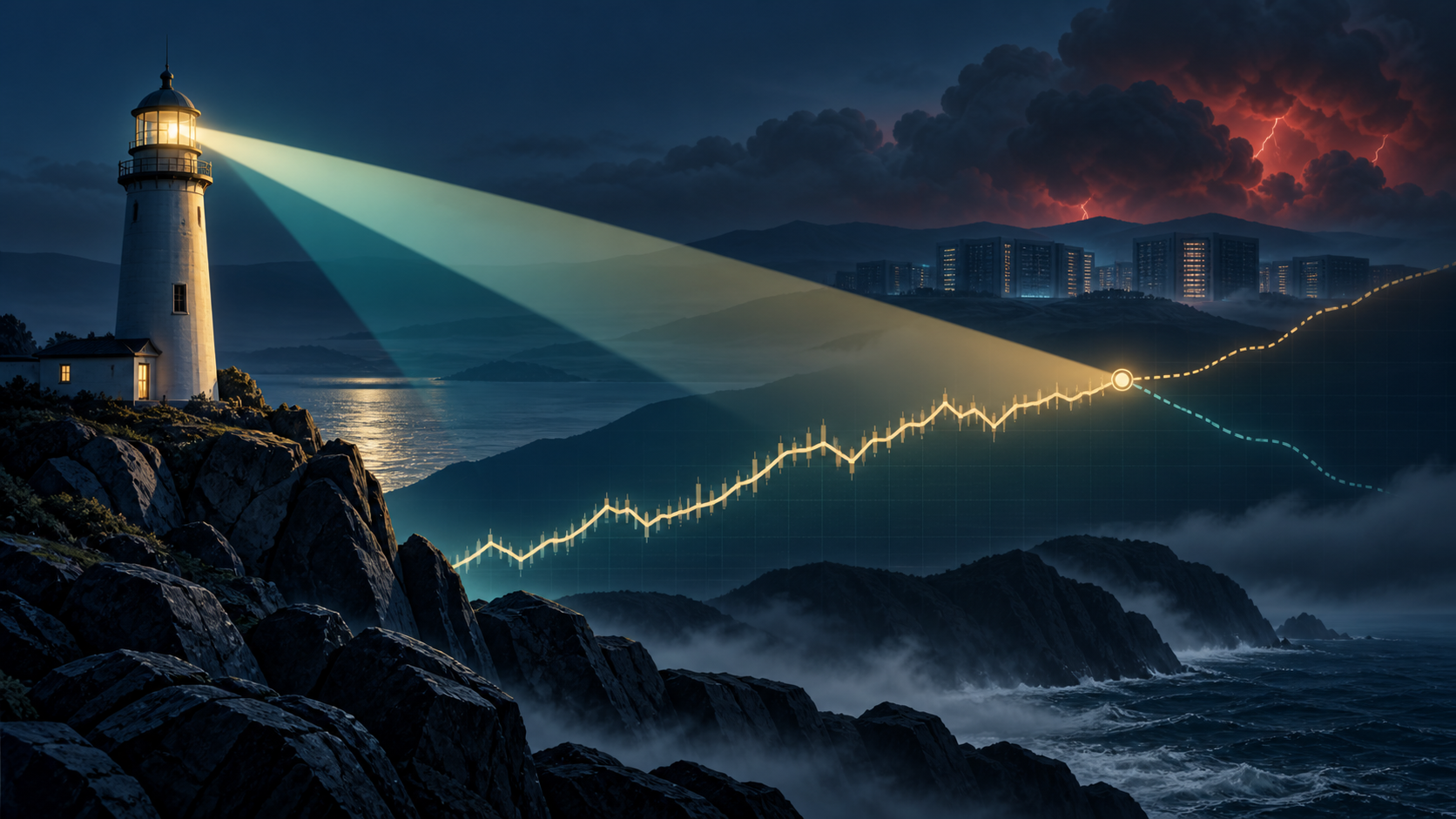 A lighthouse illuminates a market path while storm clouds gather over distant data centers, illustrating the difference between an early warning and a market-timing signal.