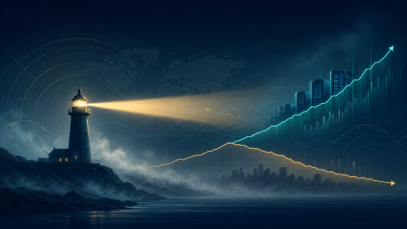 A lighthouse beam crossing market fog toward abstract K-shaped financial trajectories.